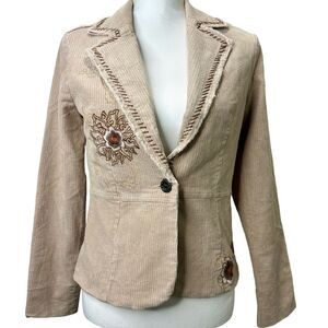 AZIZ Cream Embroidered Flower Jacket with Raw Hem Size M